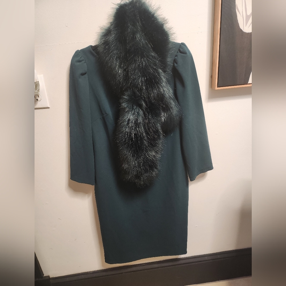 Beautiful Calvin Klein emerald green dress with matching faux fur scarf